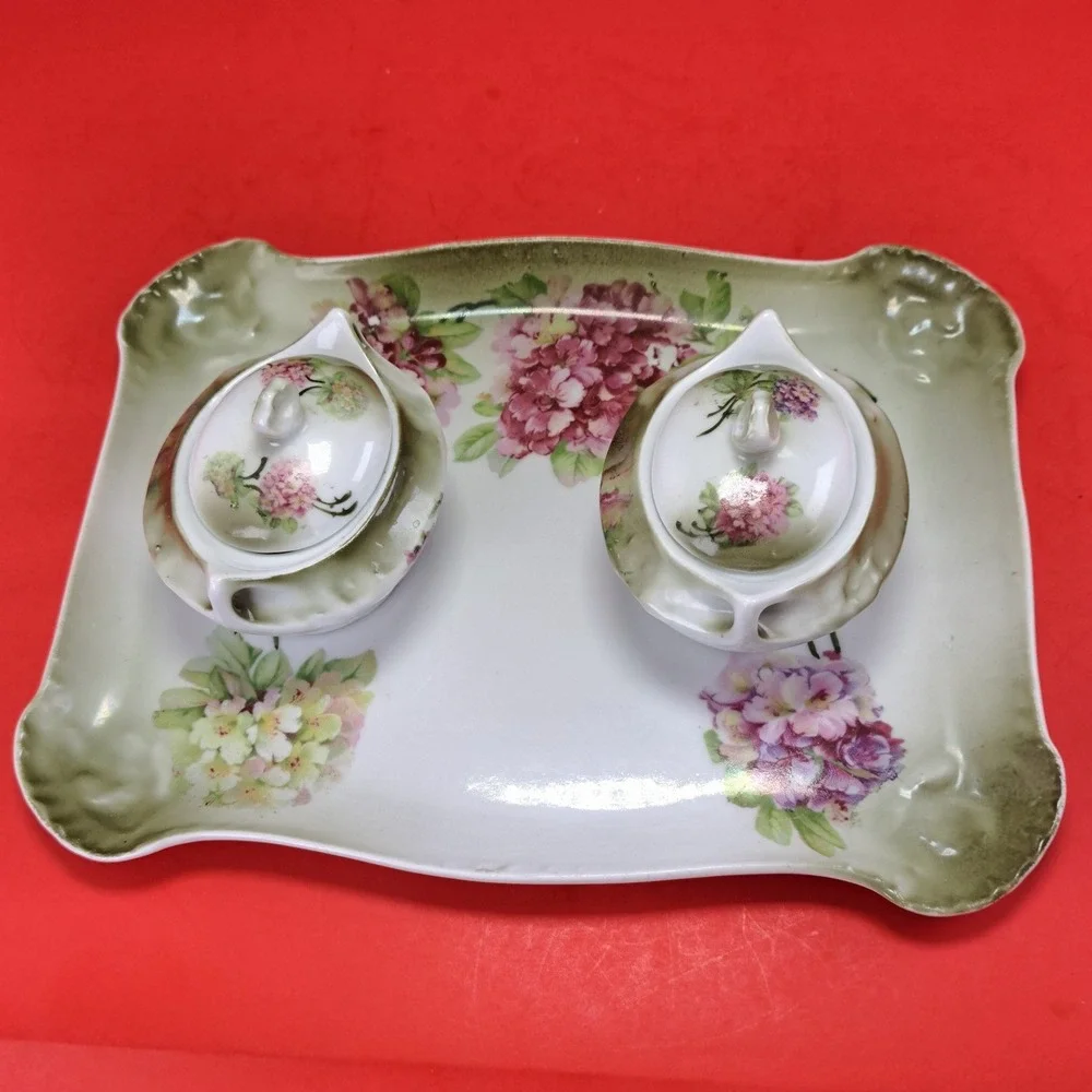 Moschendorf Bavaria Tea Vanity Set OS Green Pink Excellent Hydrangea Floral 5pc